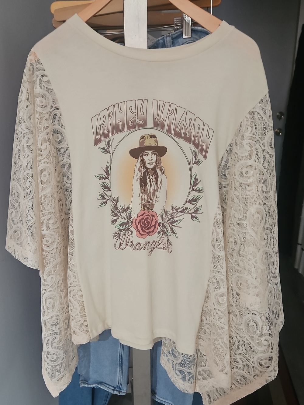 Upcycled Wrangler Lainey Wilson  Cream Lace-Sleeve Graphic Tee